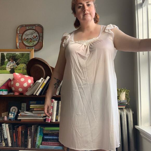 Improved Living Sheer Nightgown with Frilly Cap Sleeves and Embroidered Detail - Picture 7 of 12